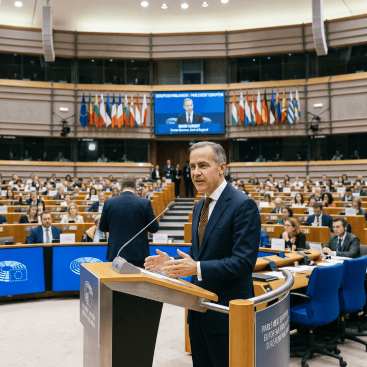 Man speaking at a European Parliament podium before seated lawmakers